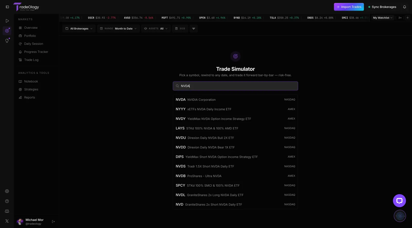 TradeOlogy Trade Simulator start screen with a symbol search showing NVDA and related tickers